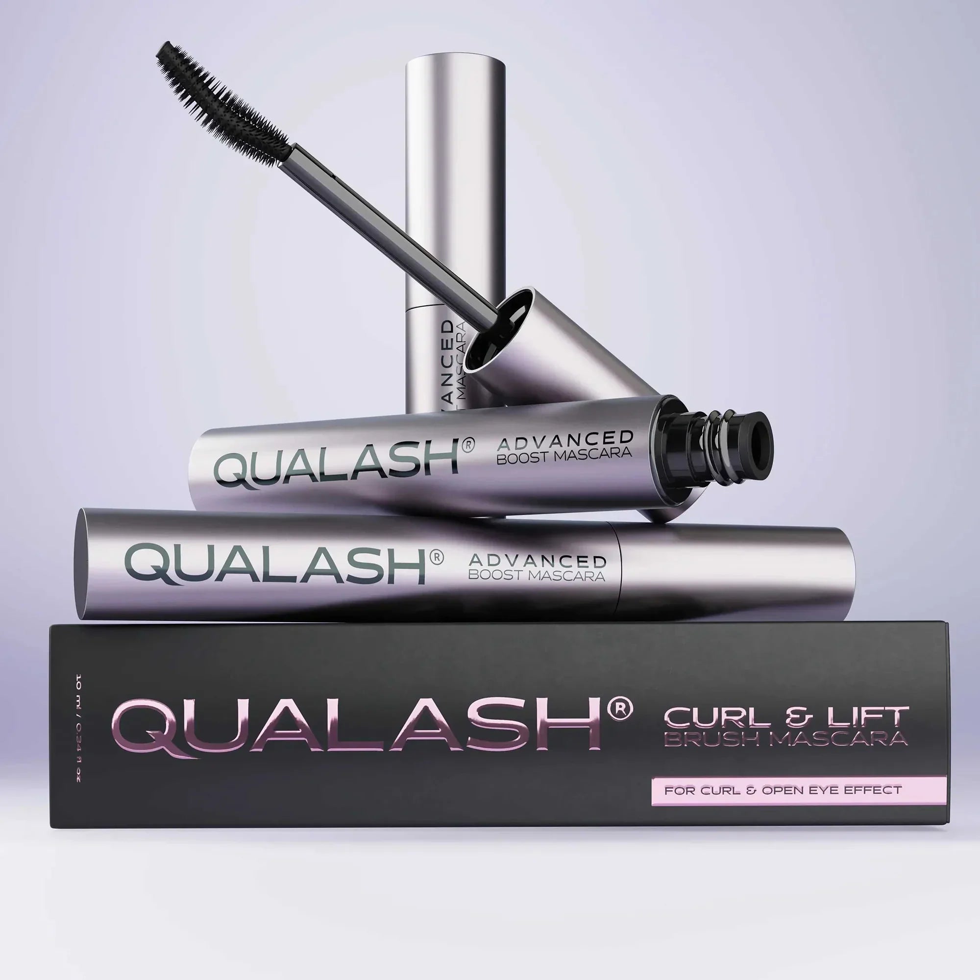 UALASH Advanced Curl & Lift Mascara tubes stacked on top of branded product box with brush on top